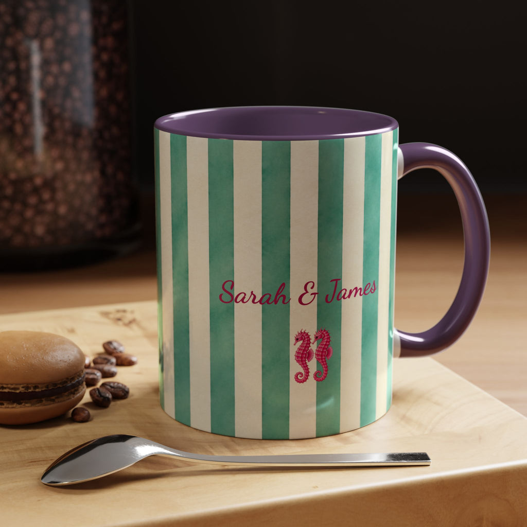 Personalized Striped Coffee Mug, Custom Name Seahorse Cup