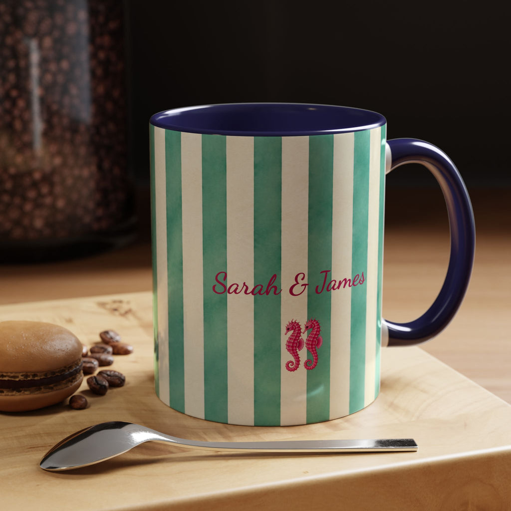 Personalized Striped Coffee Mug, Custom Name Seahorse Cup