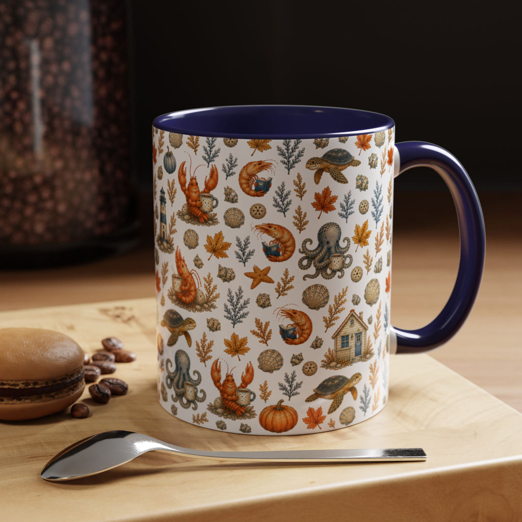 Autumn Coastal Pattern Coffee Mug, Fall Sea Creatures & Leaves (11/15oz)