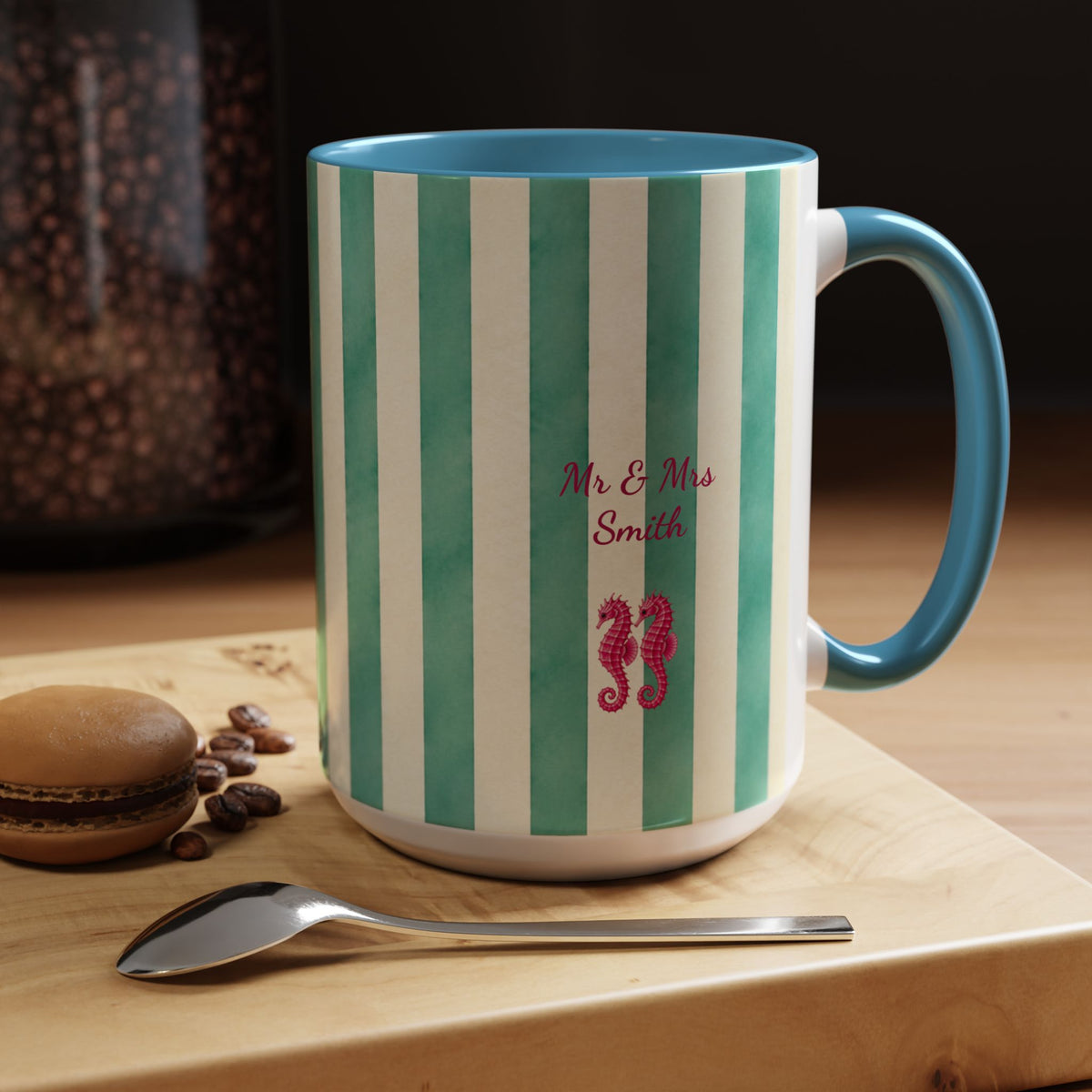 Personalized Striped Coffee Mug, Custom Name Seahorse Cup