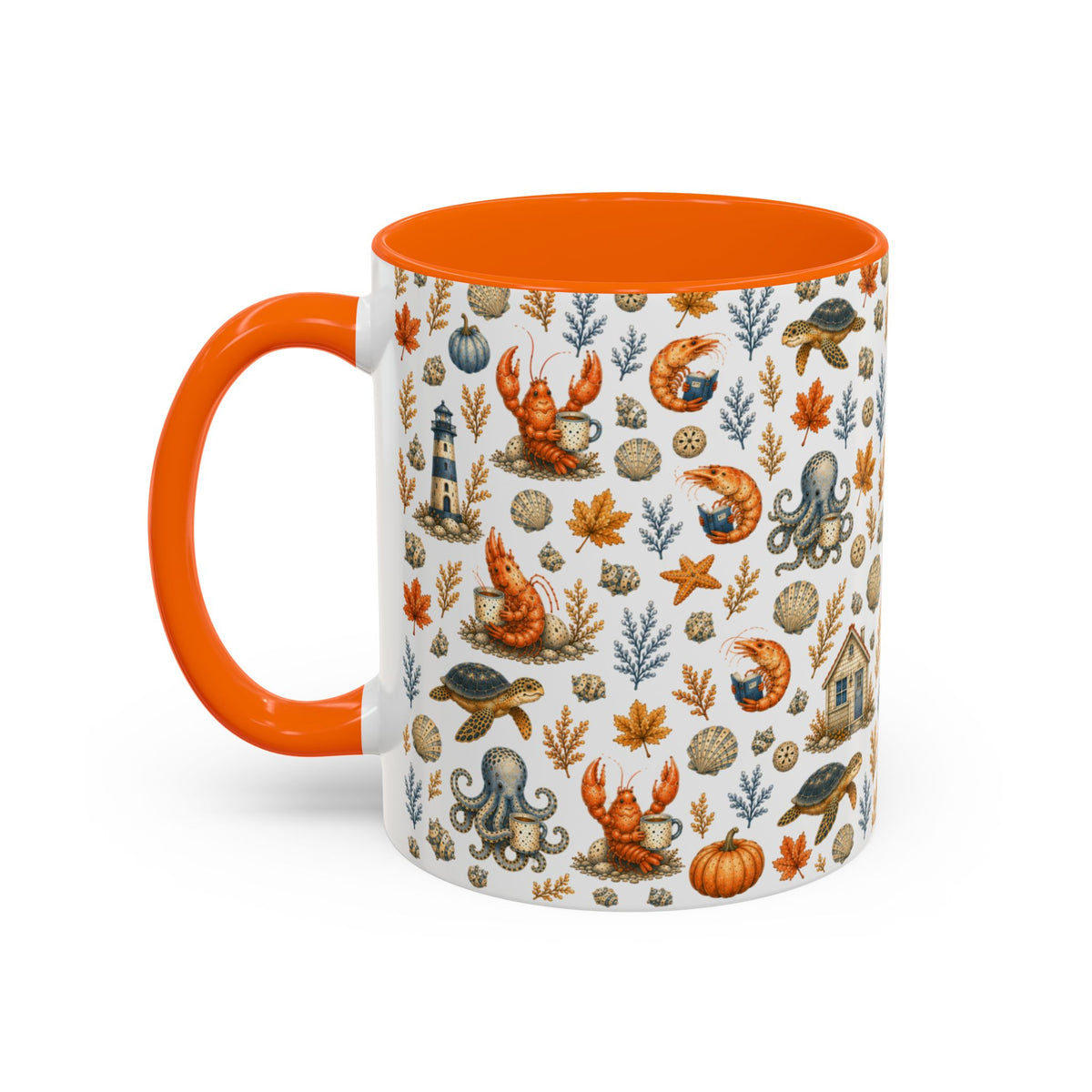 Autumn Coastal Pattern Coffee Mug, Fall Sea Creatures & Leaves (11/15oz)