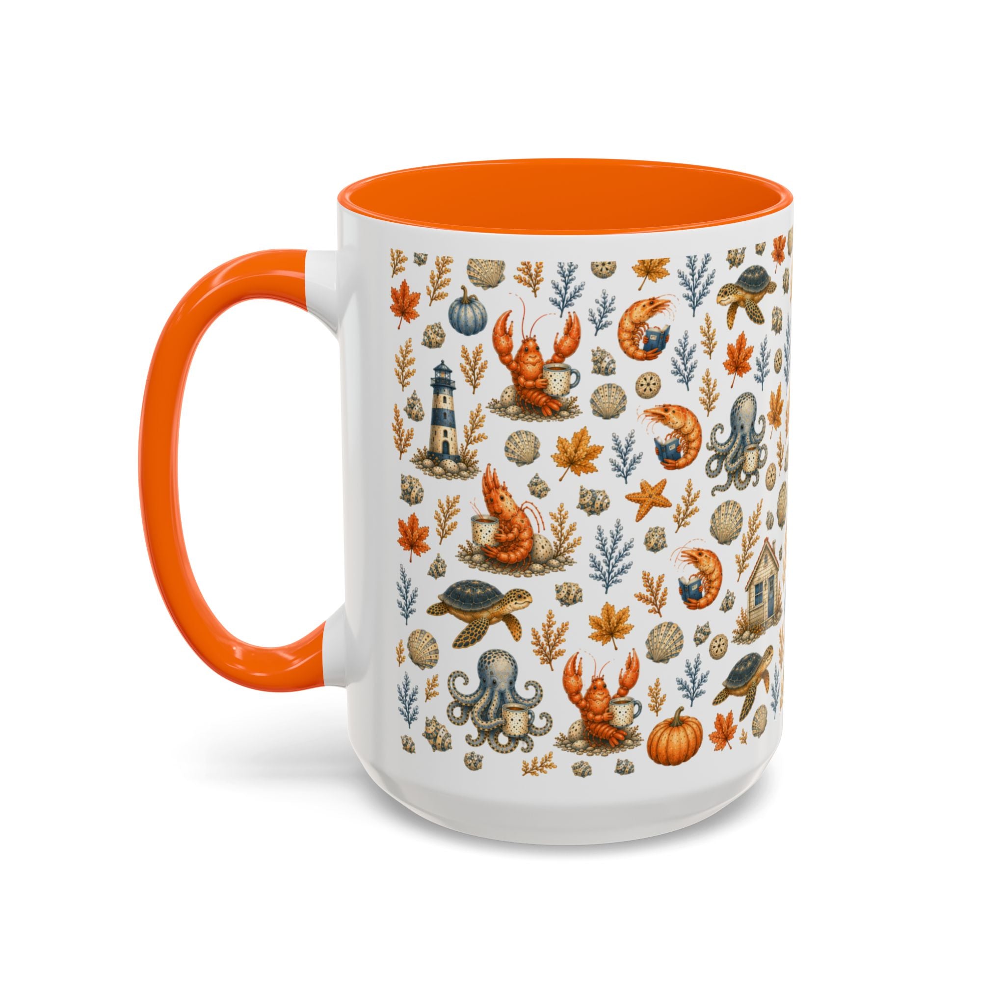 Autumn Coastal Pattern Coffee Mug, Fall Sea Creatures & Leaves (11/15oz)