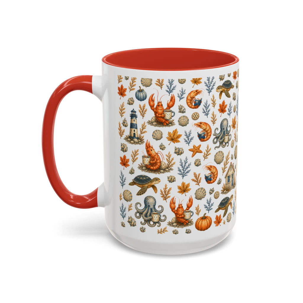 Autumn Coastal Pattern Coffee Mug, Fall Sea Creatures & Leaves (11/15oz)