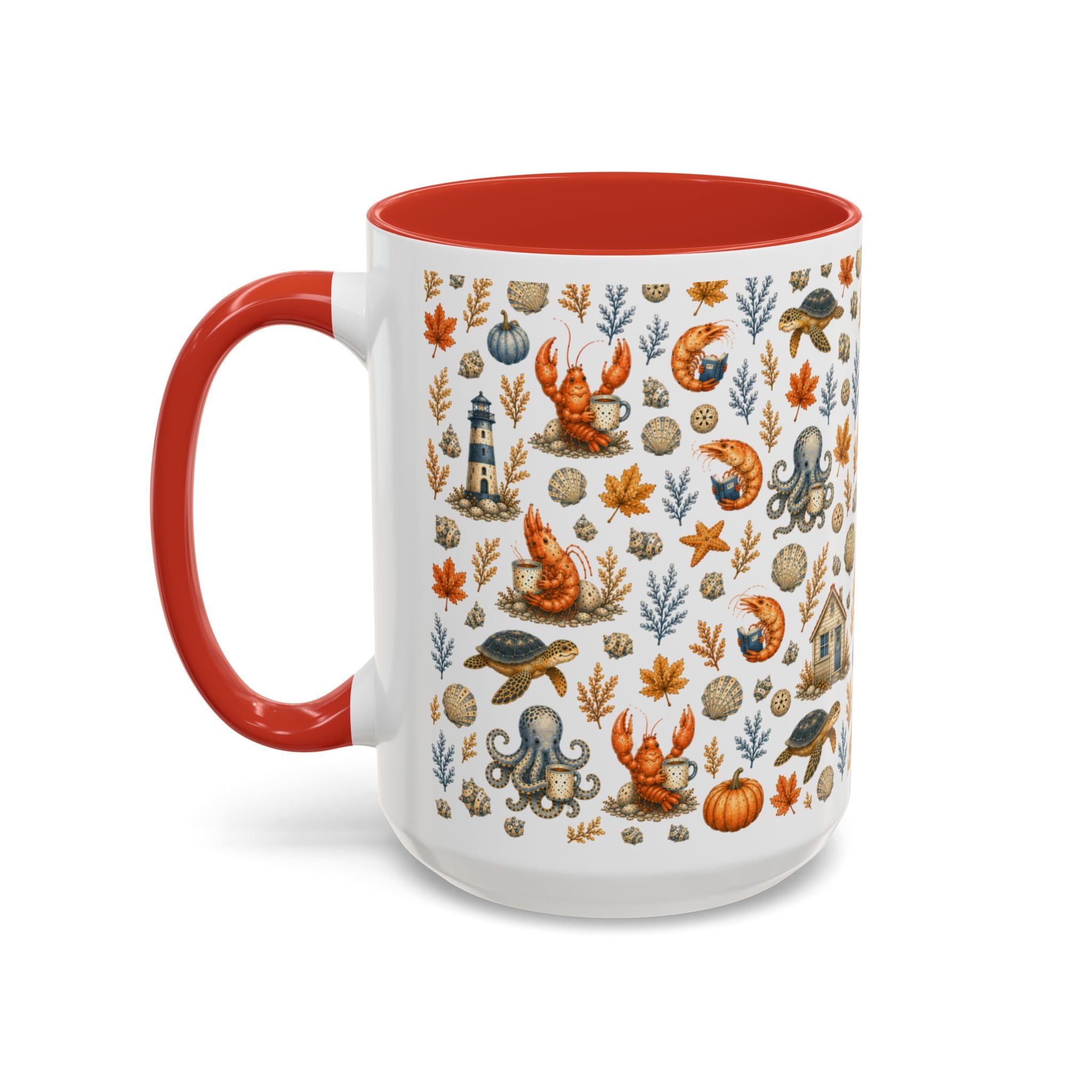 Autumn Coastal Pattern Coffee Mug, Fall Sea Creatures & Leaves (11/15oz)