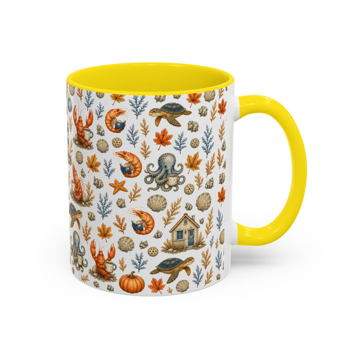 Autumn Coastal Pattern Coffee Mug, Fall Sea Creatures & Leaves (11/15oz)