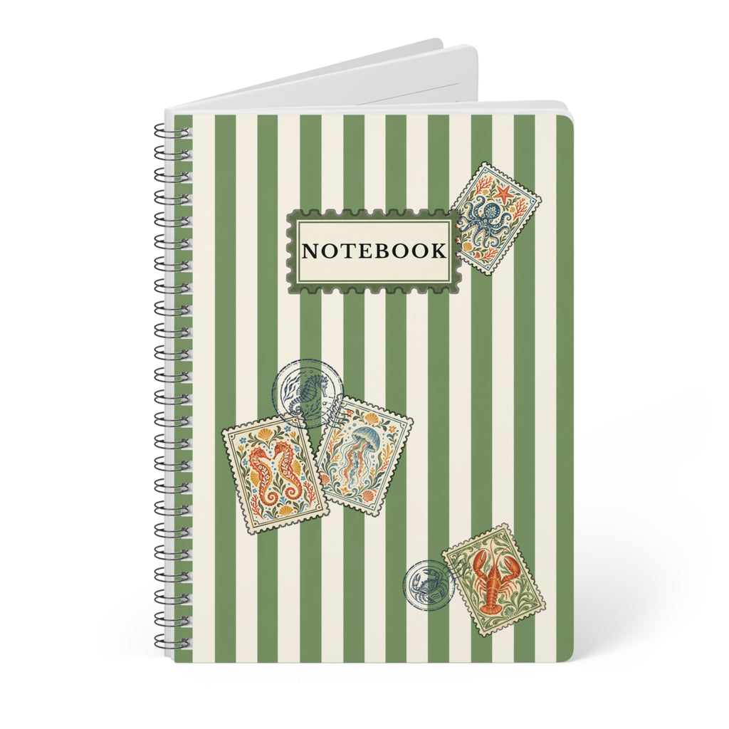 Vintage Coastal Notebook – Green Stripe Sea Life Journal with Nautical Postage Stamp Illustrations