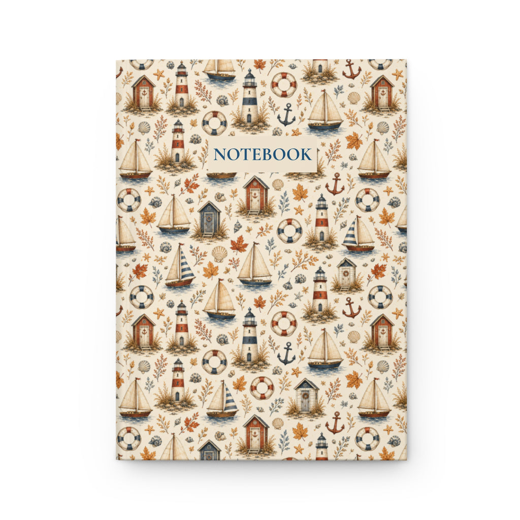 Autumn Coastal Hardcover Journal, Lined Nautical Notebook with Lighthouses and Sailboats