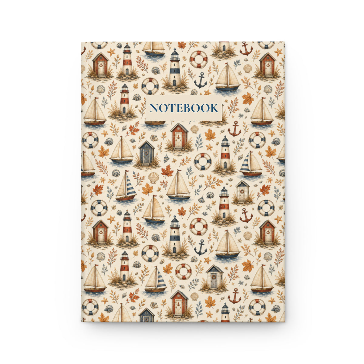 Autumn Coastal Hardcover Journal, Lined Nautical Notebook with Lighthouses and Sailboats