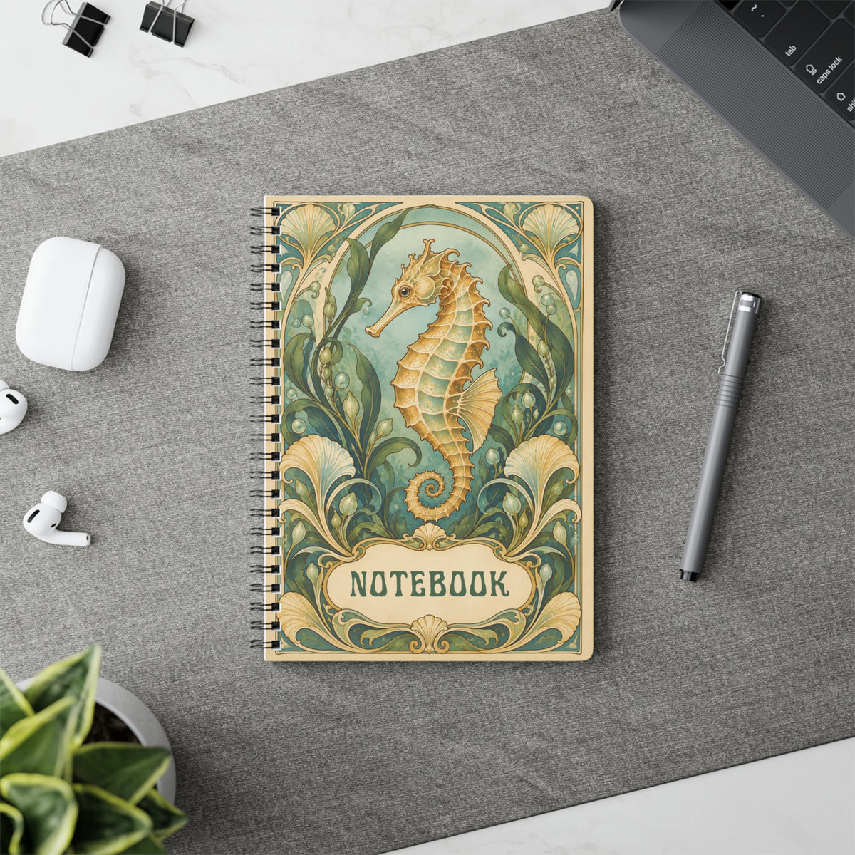 Art Nouveau Seahorse Notebook – Vintage Coastal Journal, Ocean-Inspired Spiral-Bound Notebook