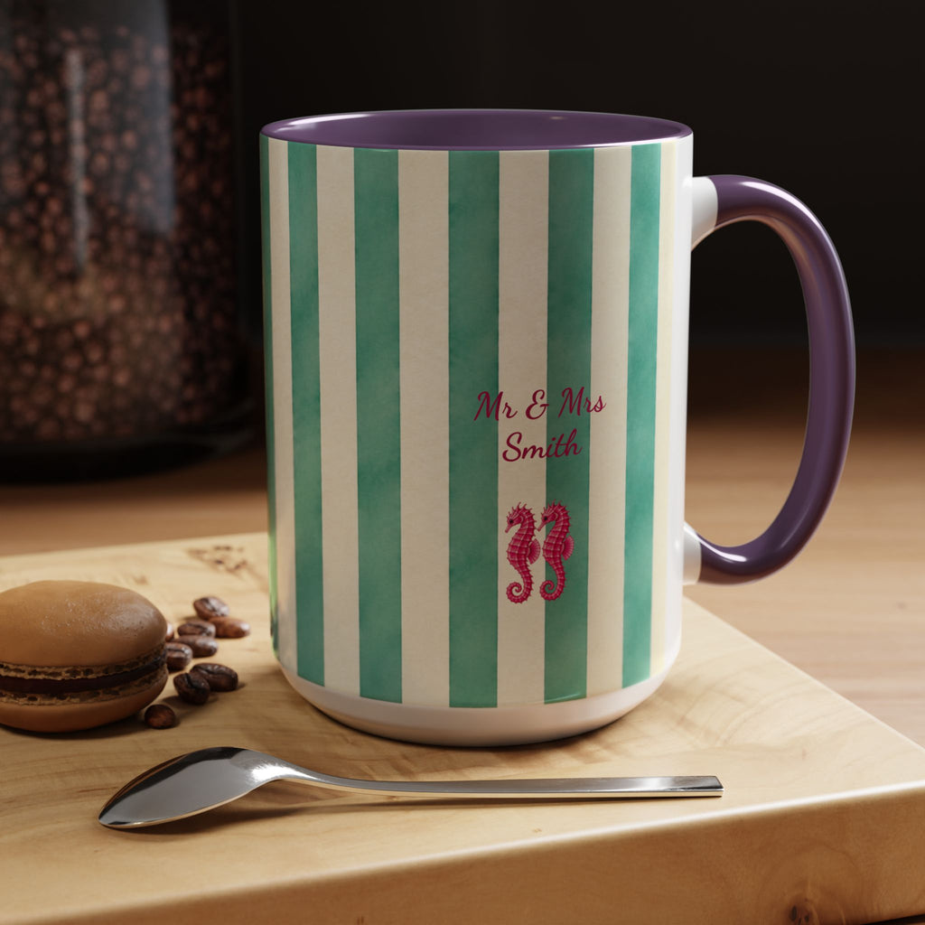 Personalized Striped Coffee Mug, Custom Name Seahorse Cup