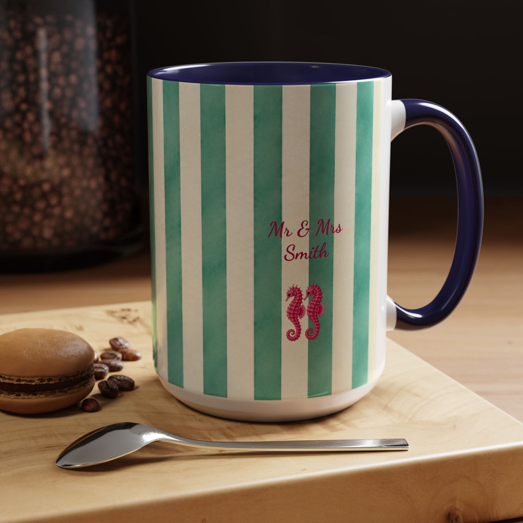 Personalized Striped Coffee Mug, Custom Name Seahorse Cup
