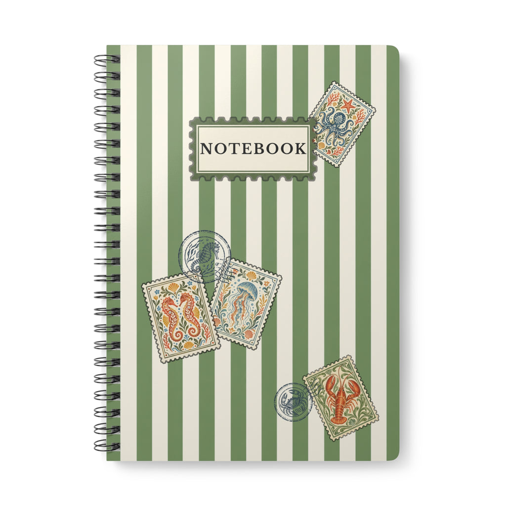 Vintage Coastal Notebook – Green Stripe Sea Life Journal with Nautical Postage Stamp Illustrations