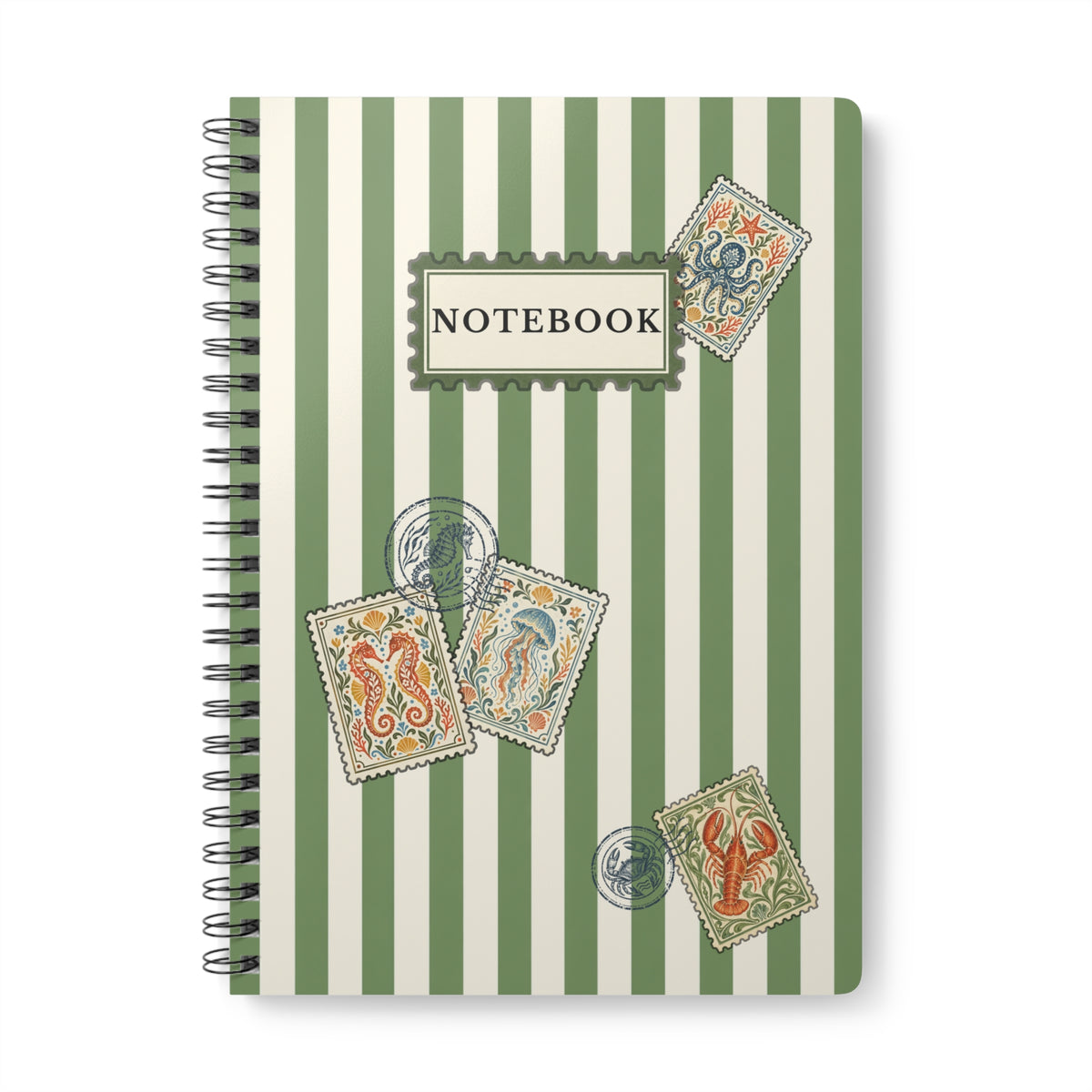 Vintage Coastal Notebook – Green Stripe Sea Life Journal with Nautical Postage Stamp Illustrations