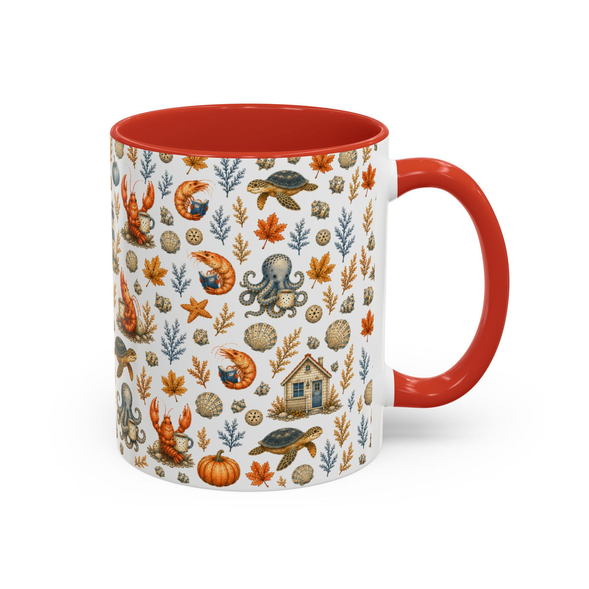 Autumn Coastal Pattern Coffee Mug, Fall Sea Creatures & Leaves (11/15oz)