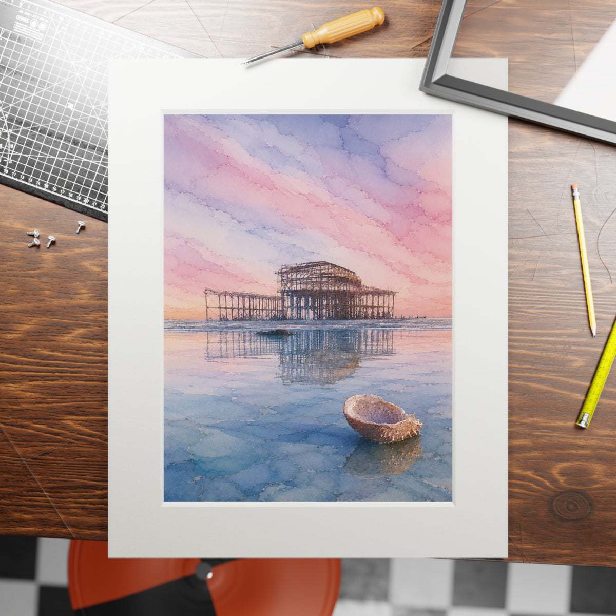 West Pier Sunset Alcohol Ink-Style Print with Passepartout