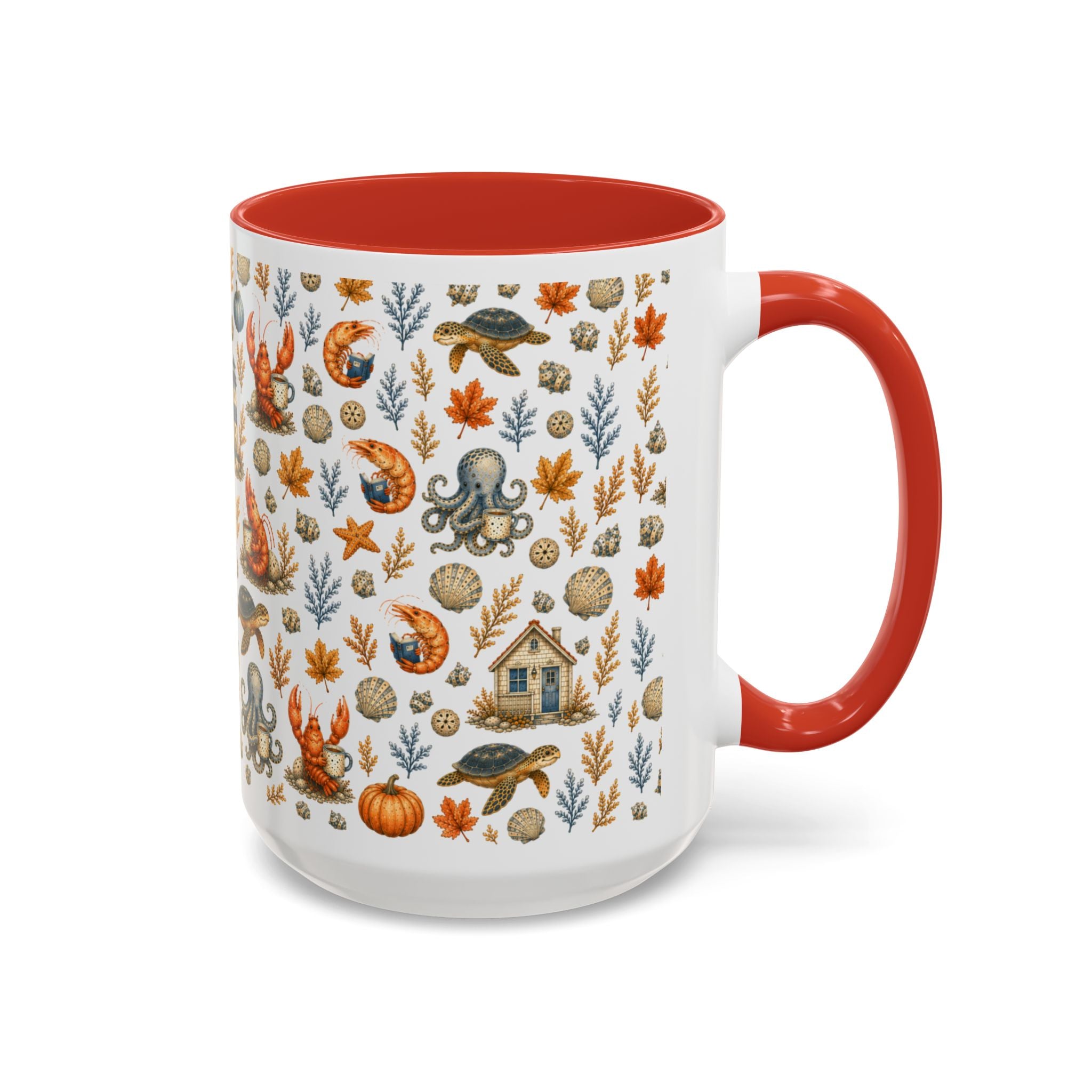 Autumn Coastal Pattern Coffee Mug, Fall Sea Creatures & Leaves (11/15oz)