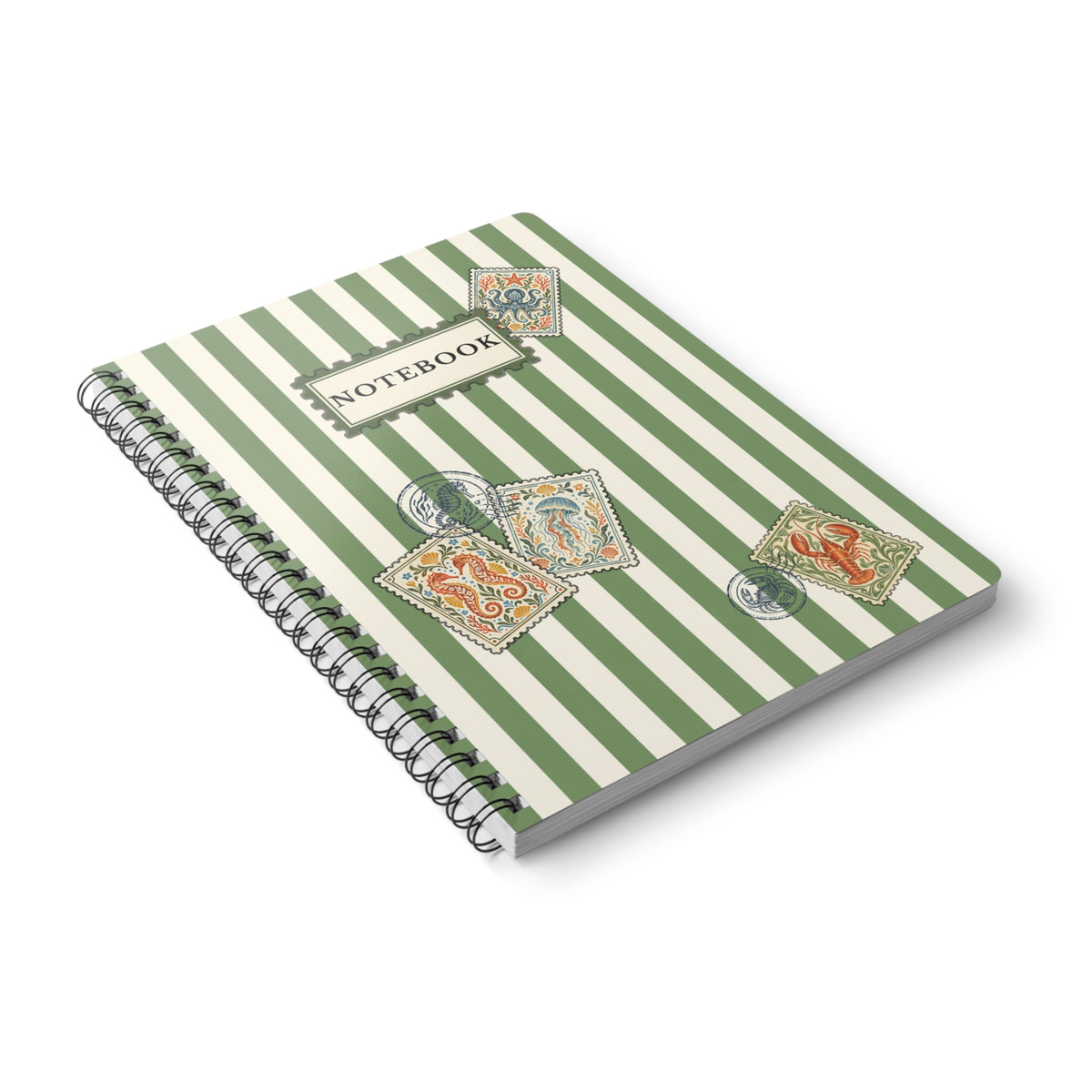 Vintage Coastal Notebook – Green Stripe Sea Life Journal with Nautical Postage Stamp Illustrations
