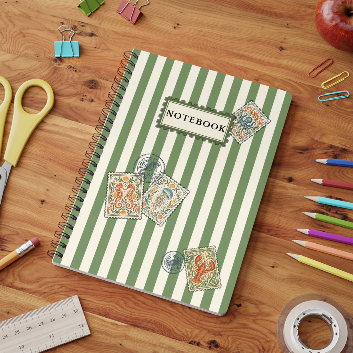 Vintage Coastal Notebook – Green Stripe Sea Life Journal with Nautical Postage Stamp Illustrations