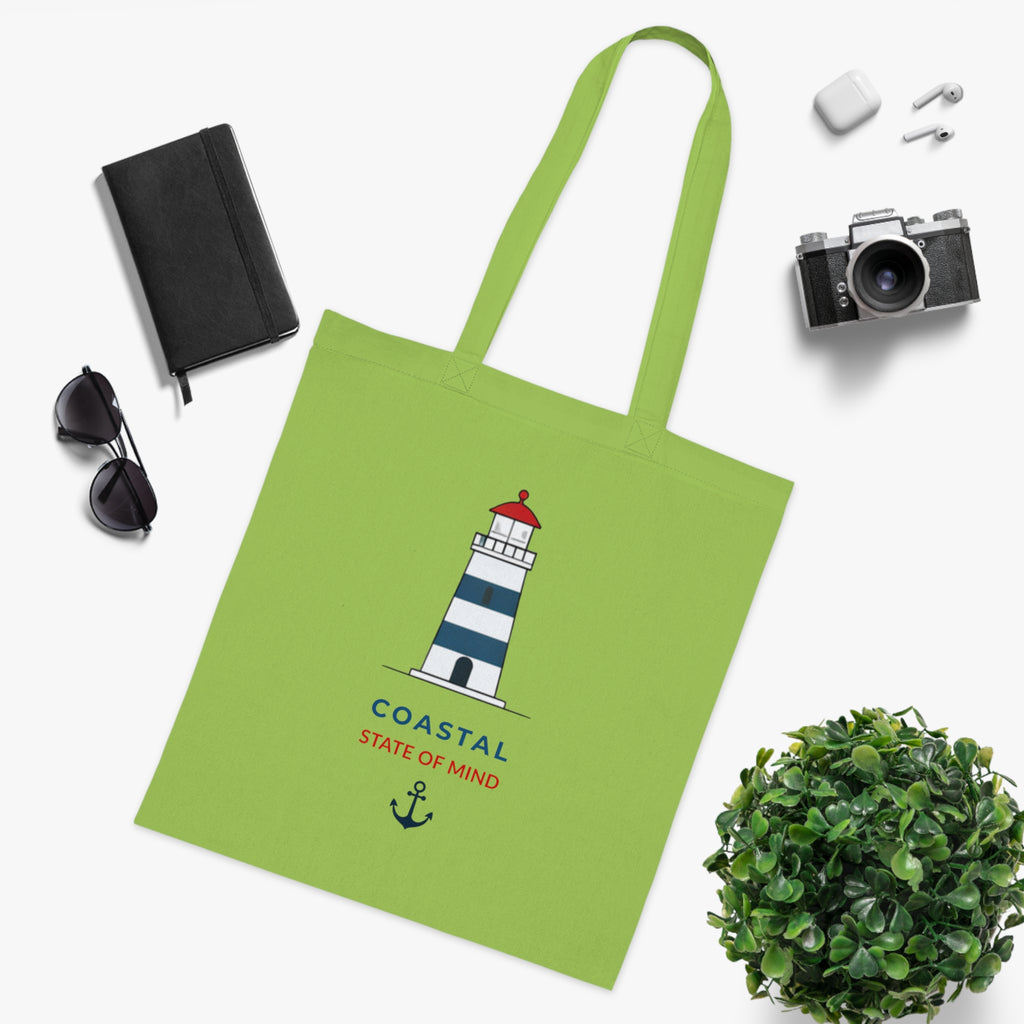 "Coastal State of Mind" Cotton Tote,  Nautical Lighthouse Beach Bag