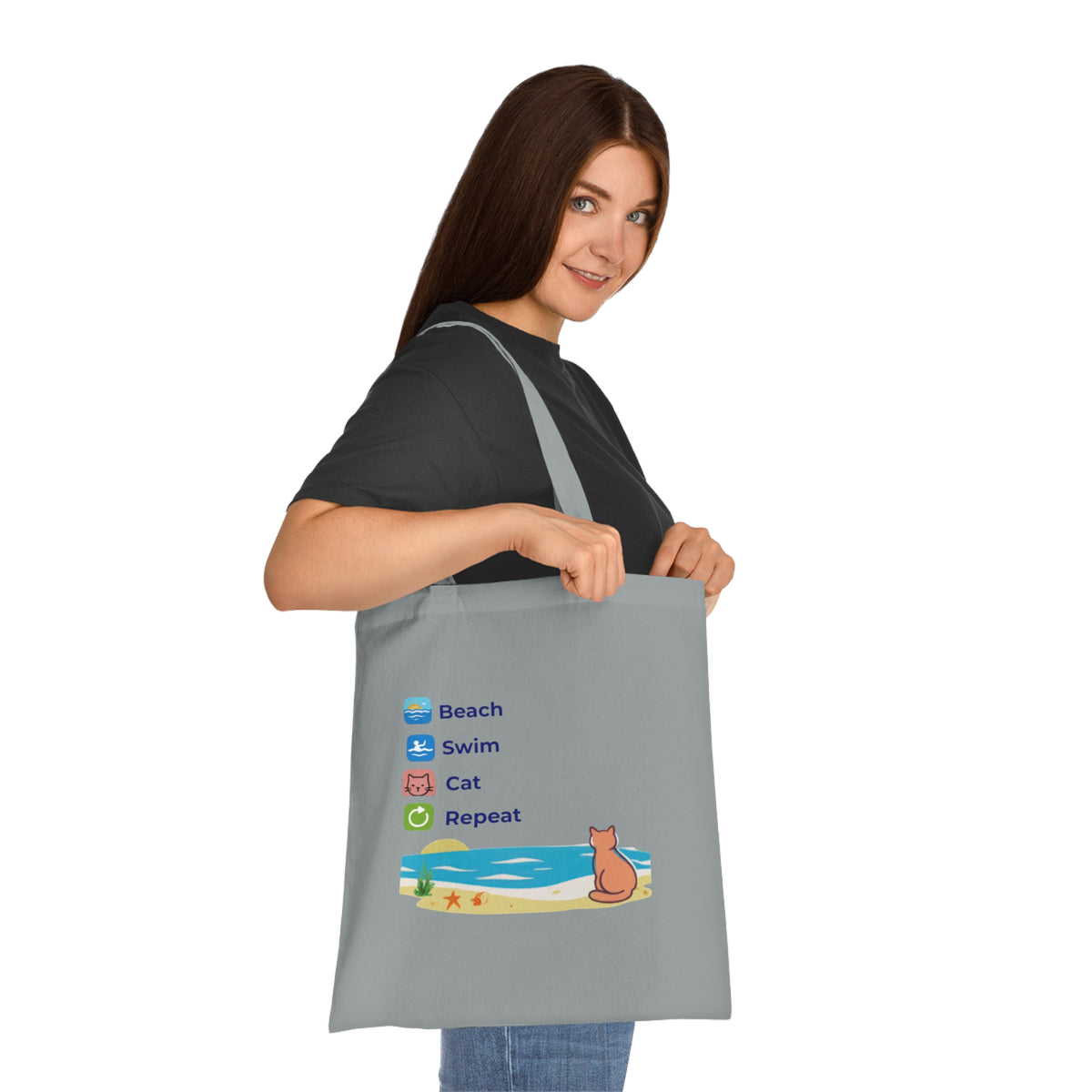 "Beach • Swim • Cat • Repeat" Cotton Tote Bag