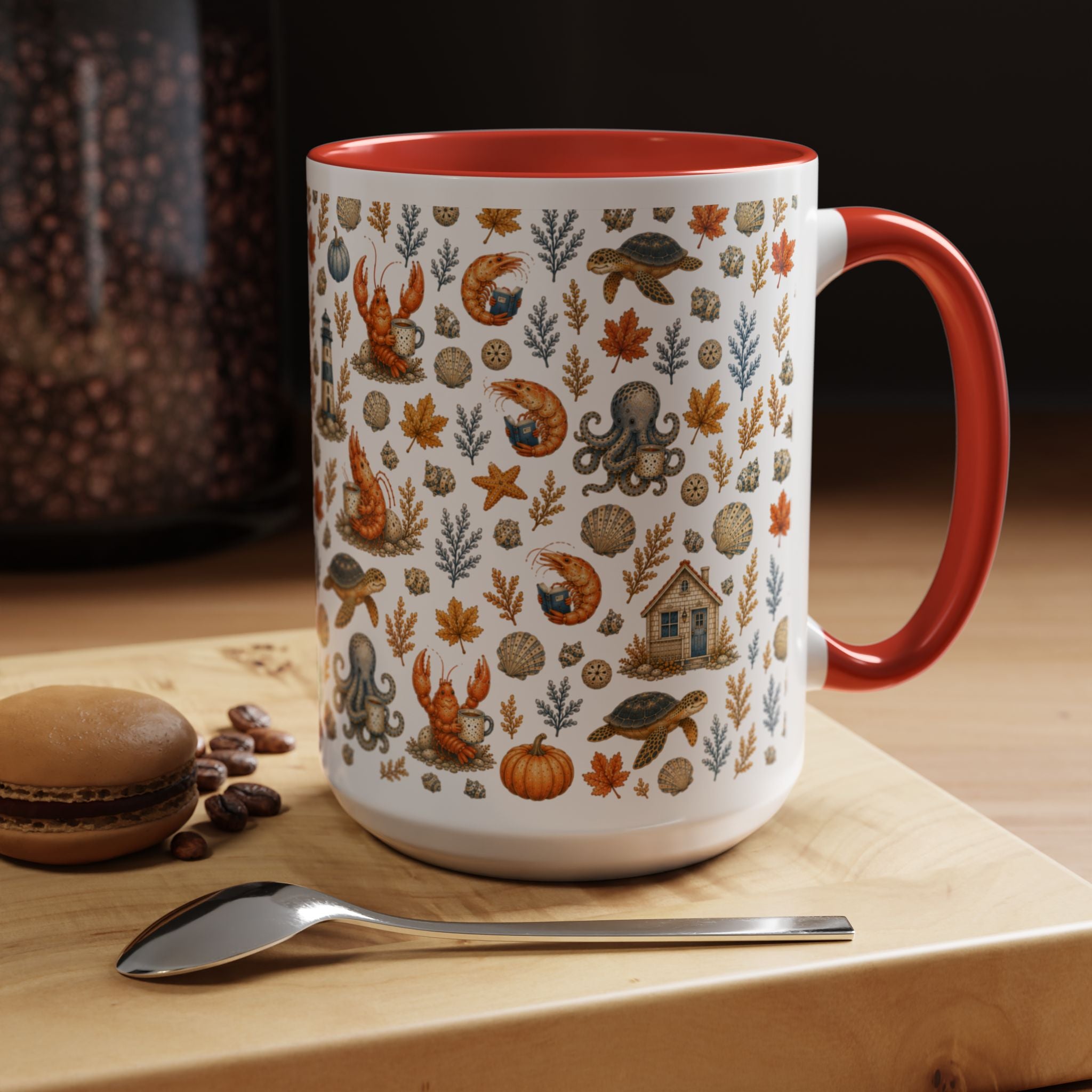 Autumn Coastal Pattern Coffee Mug, Fall Sea Creatures & Leaves (11/15oz)