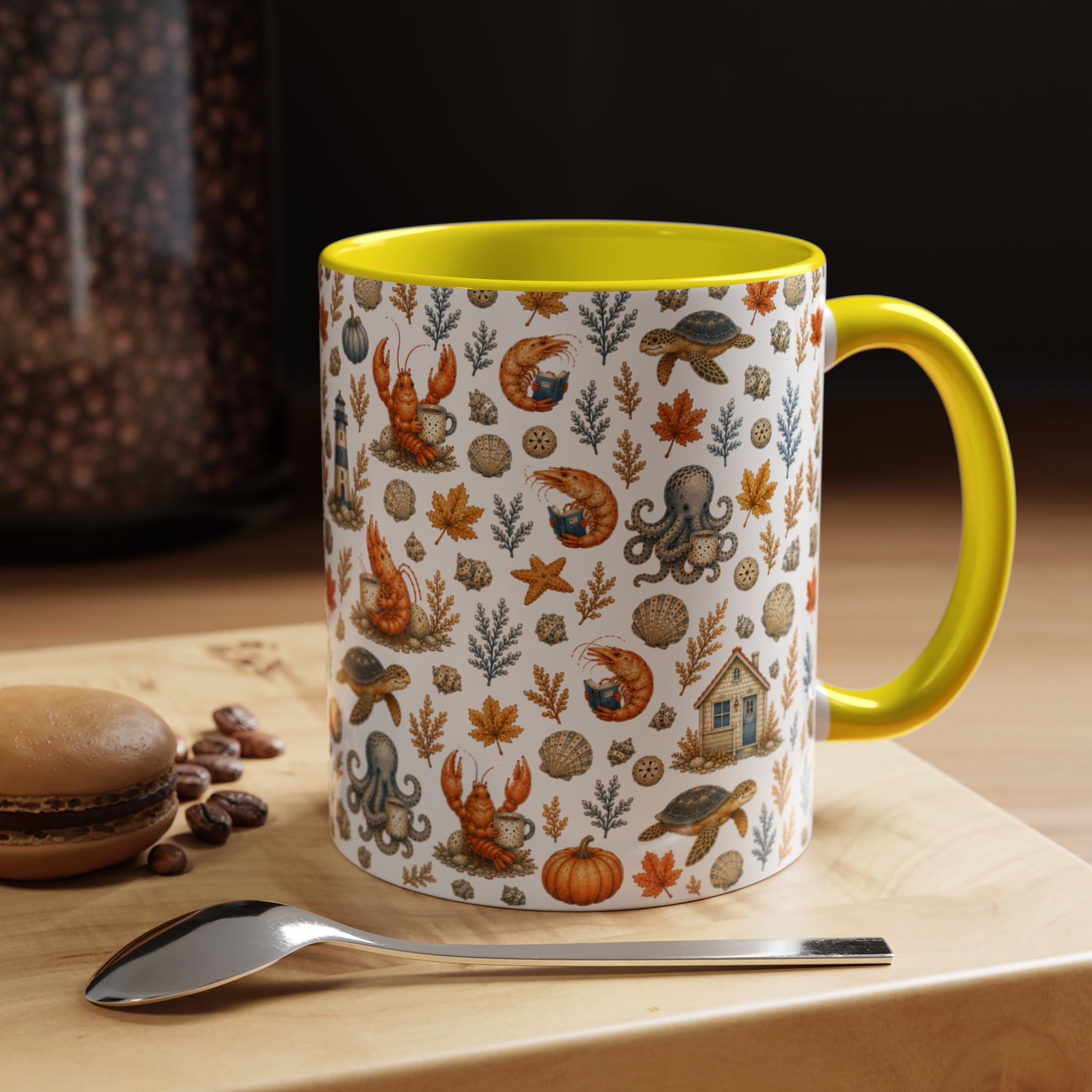 Autumn Coastal Pattern Coffee Mug, Fall Sea Creatures & Leaves (11/15oz)