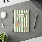 Vintage Coastal Notebook – Green Stripe Sea Life Journal with Nautical Postage Stamp Illustrations