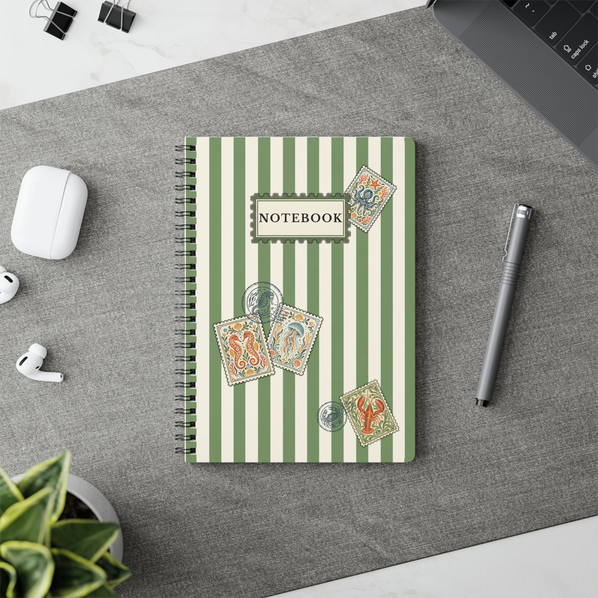 Vintage Coastal Notebook – Green Stripe Sea Life Journal with Nautical Postage Stamp Illustrations