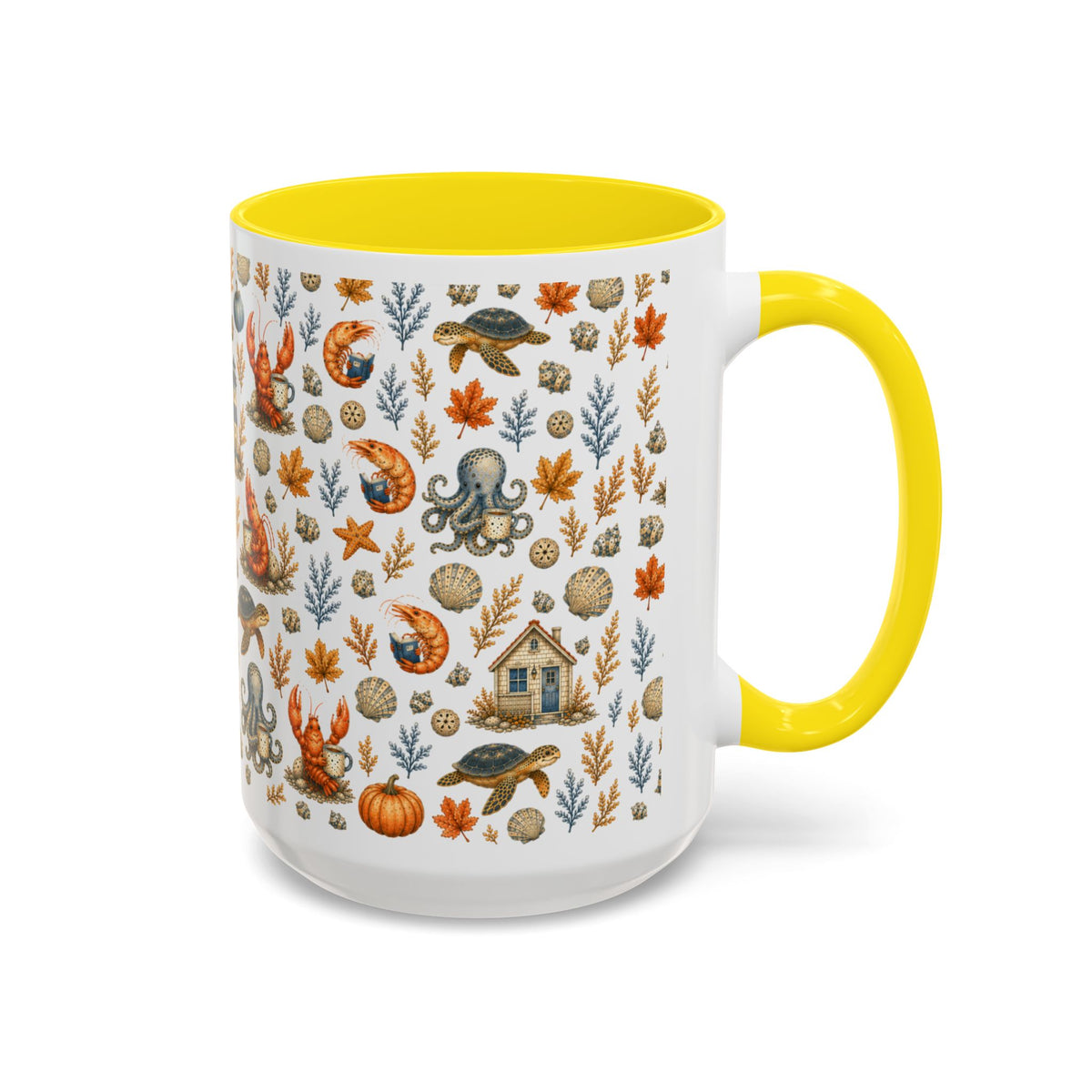 Autumn Coastal Pattern Coffee Mug, Fall Sea Creatures & Leaves (11/15oz)