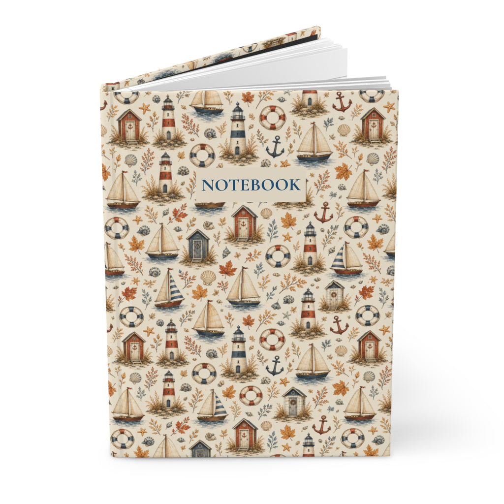 Autumn Coastal Hardcover Journal, Lined Nautical Notebook with Lighthouses and Sailboats