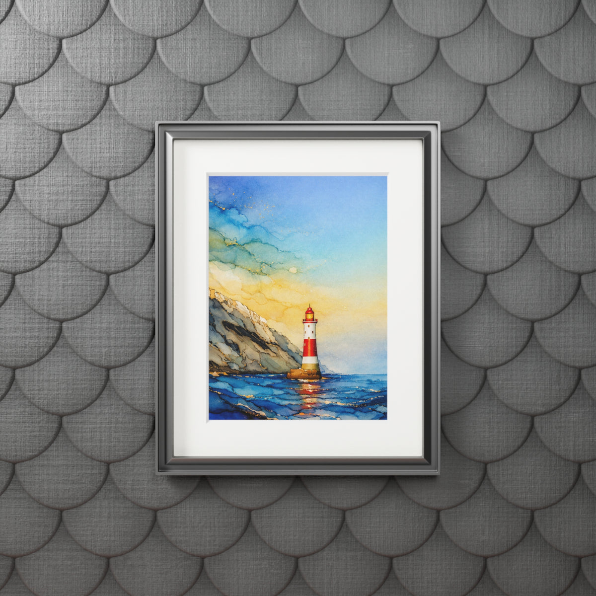 Lighthouse Seascape Alcohol Ink-Style Art Print with Passepartout Frame