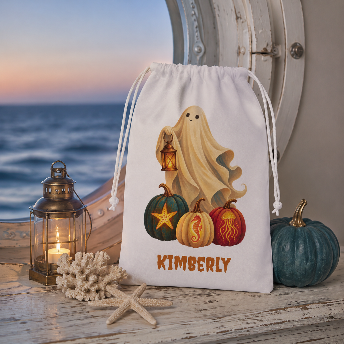 Personalized Halloween Favor Bag, Cute Custom Name Ghost & Pumpkins Treat Bag