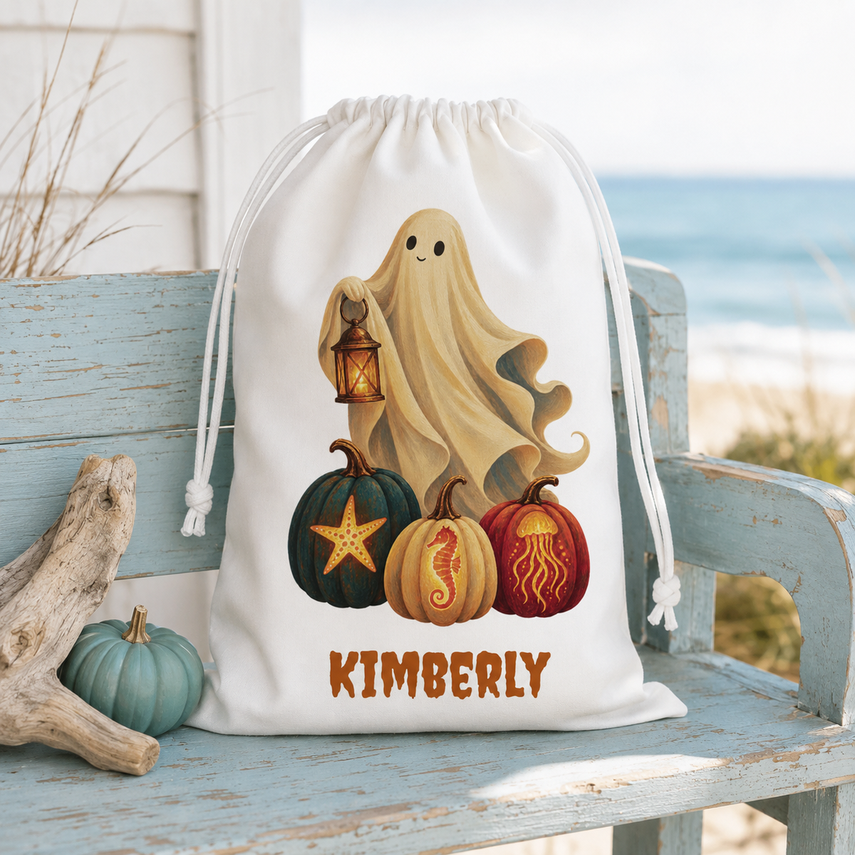 Personalized Halloween Favor Bag, Cute Custom Name Ghost & Pumpkins Treat Bag