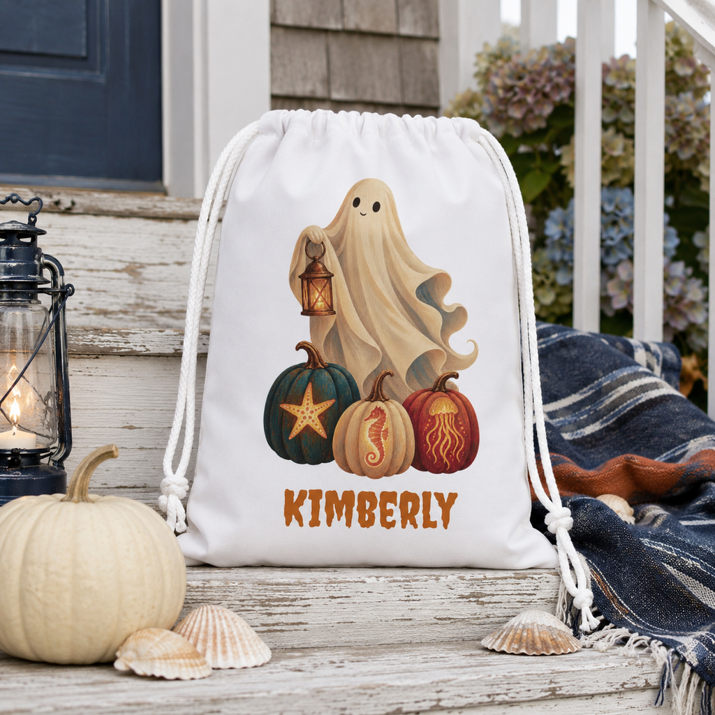 Personalized Halloween Favor Bag, Cute Custom Name Ghost & Pumpkins Treat Bag