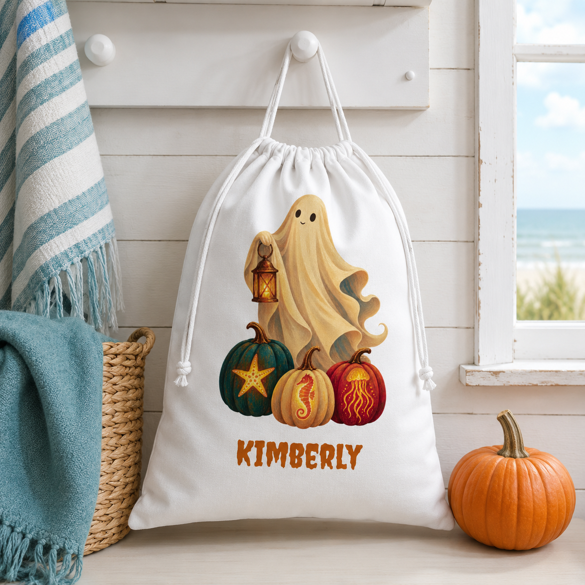 Personalized Halloween Favor Bag, Cute Custom Name Ghost & Pumpkins Treat Bag