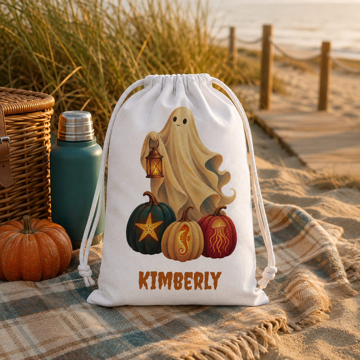 Personalized Halloween Favor Bag, Cute Custom Name Ghost & Pumpkins Treat Bag