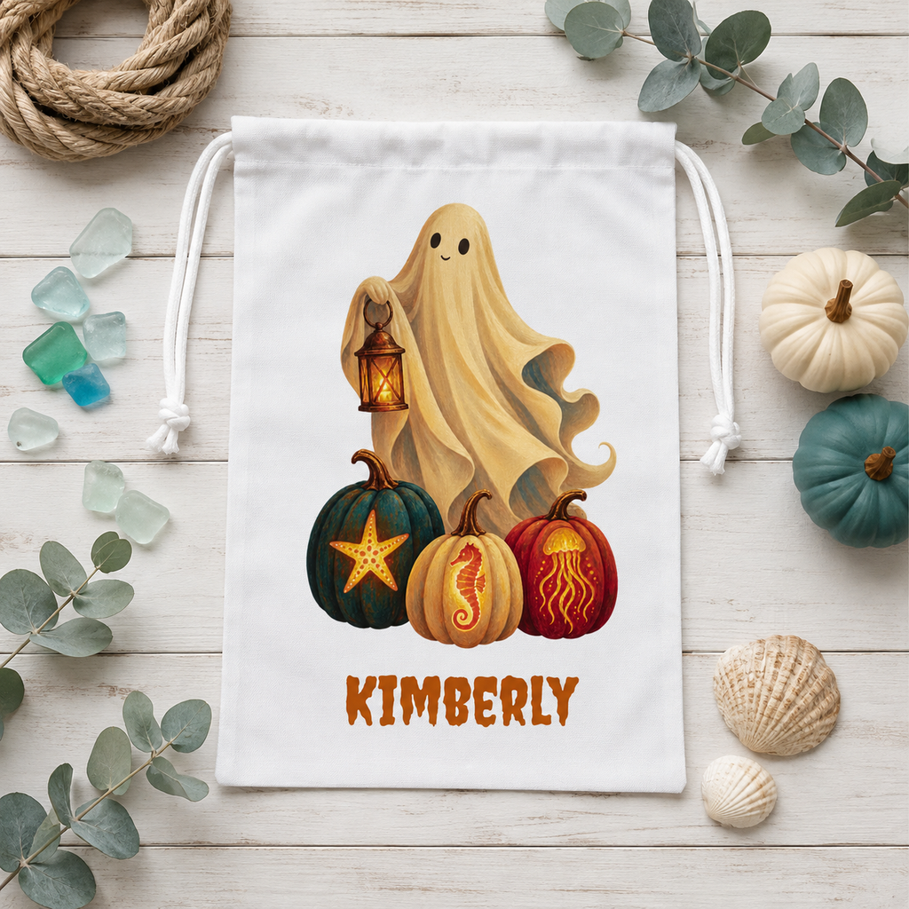 Personalized Halloween Favor Bag, Cute Custom Name Ghost & Pumpkins Treat Bag