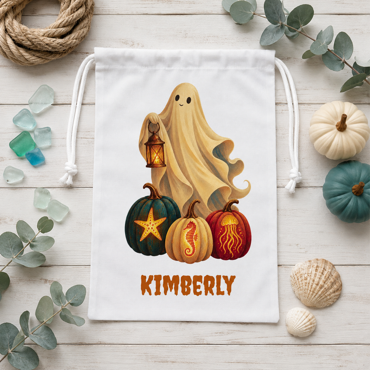 Personalized Halloween Favor Bag, Cute Custom Name Ghost & Pumpkins Treat Bag