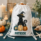 Personalized Halloween Favor Bag,  Black Cat Witch with Pumpkins Custom Name Trick or Treat Bag
