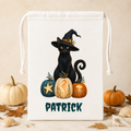 Personalized Halloween Favor Bag,  Black Cat Witch with Pumpkins Custom Name Trick or Treat Bag