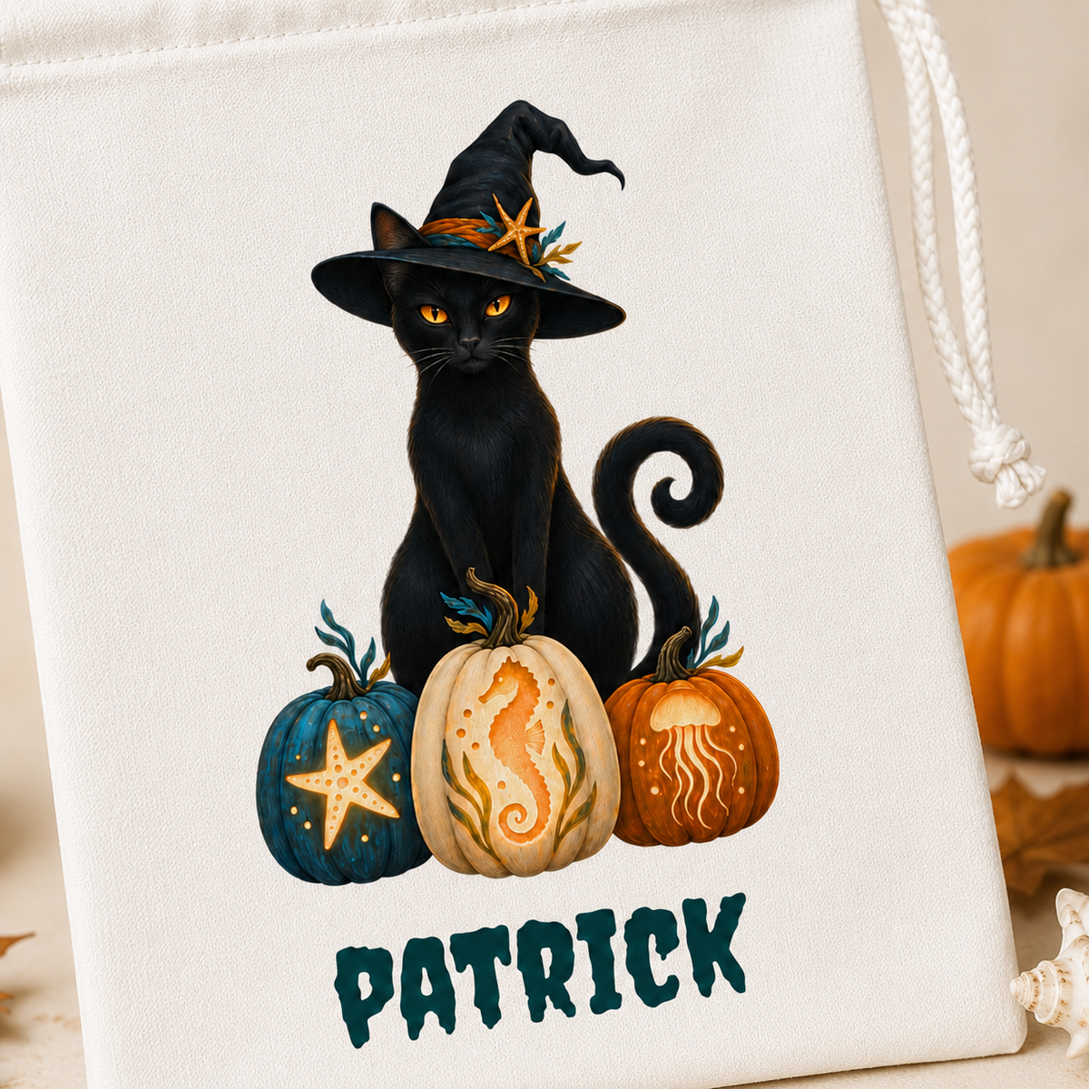Personalized Halloween Favor Bag,  Black Cat Witch with Pumpkins Custom Name Trick or Treat Bag