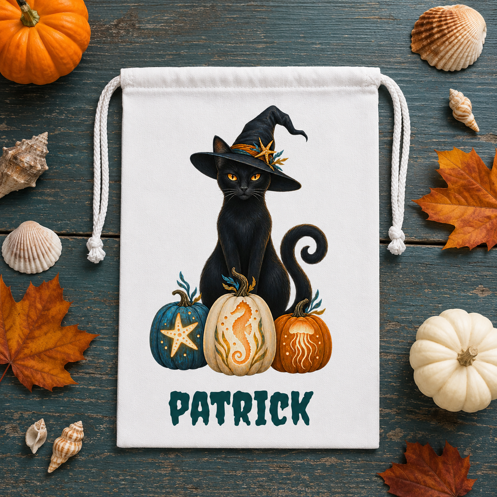 Personalized Halloween Favor Bag,  Black Cat Witch with Pumpkins Custom Name Trick or Treat Bag