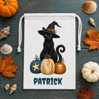 Personalized Halloween Favor Bag,  Black Cat Witch with Pumpkins Custom Name Trick or Treat Bag