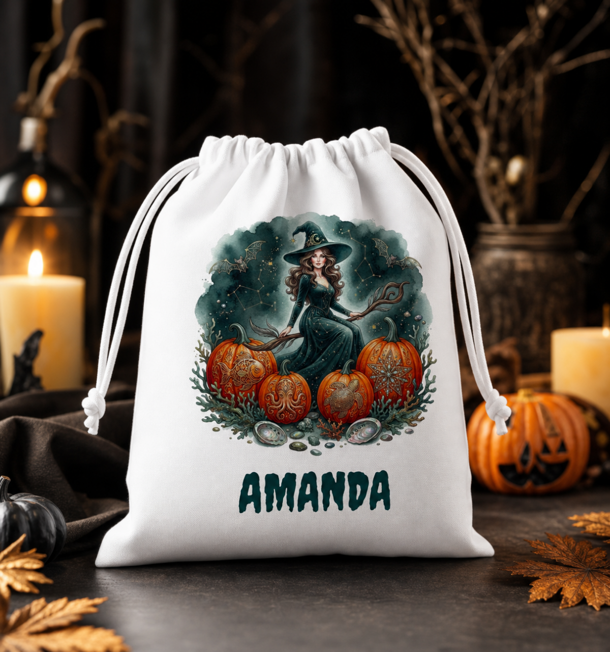 Witch & Pumpkins Personalized Trick or Treat Bag, Custom Name Halloween Party Gift Bag