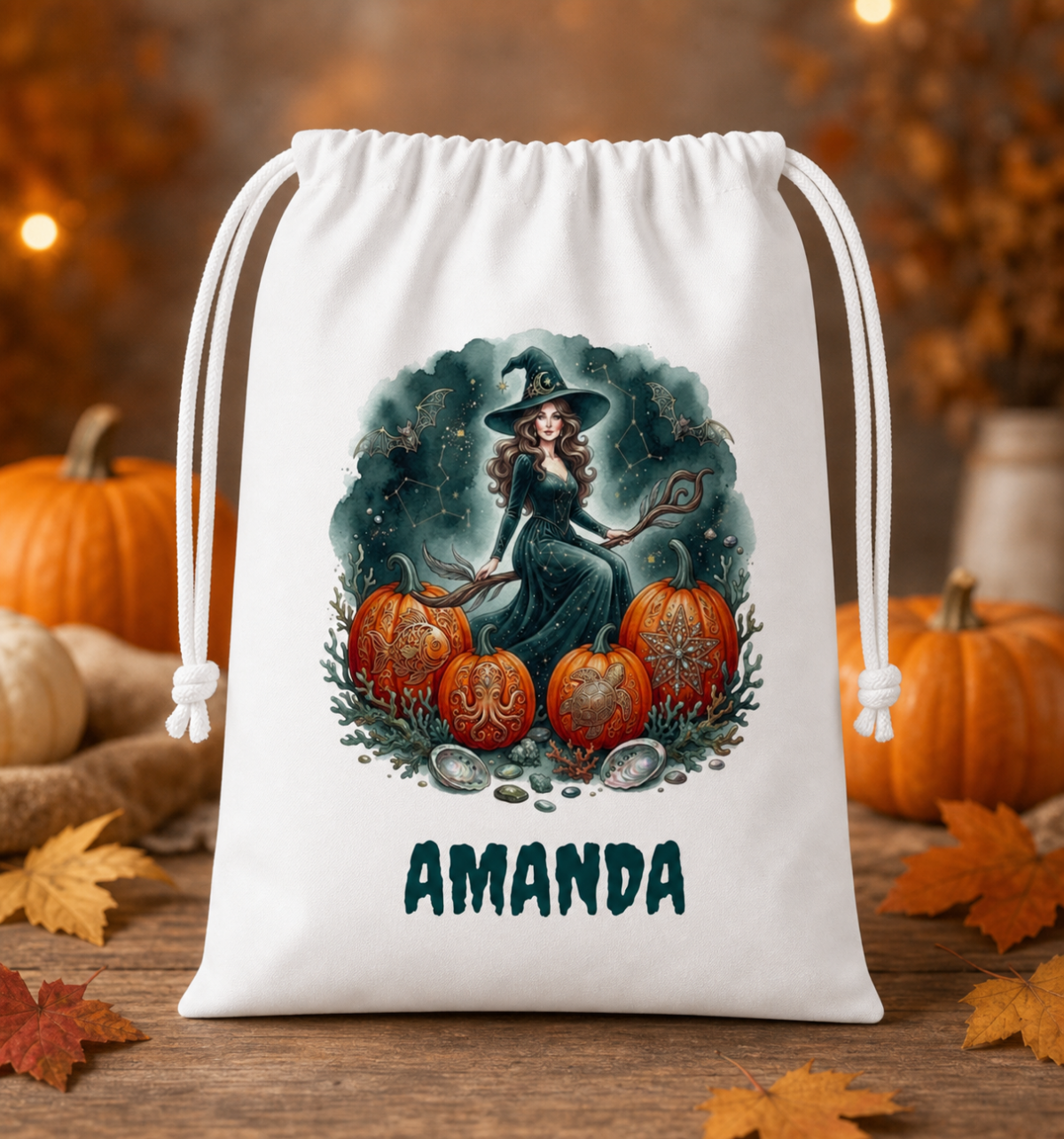 Witch & Pumpkins Personalized Trick or Treat Bag, Custom Name Halloween Party Gift Bag