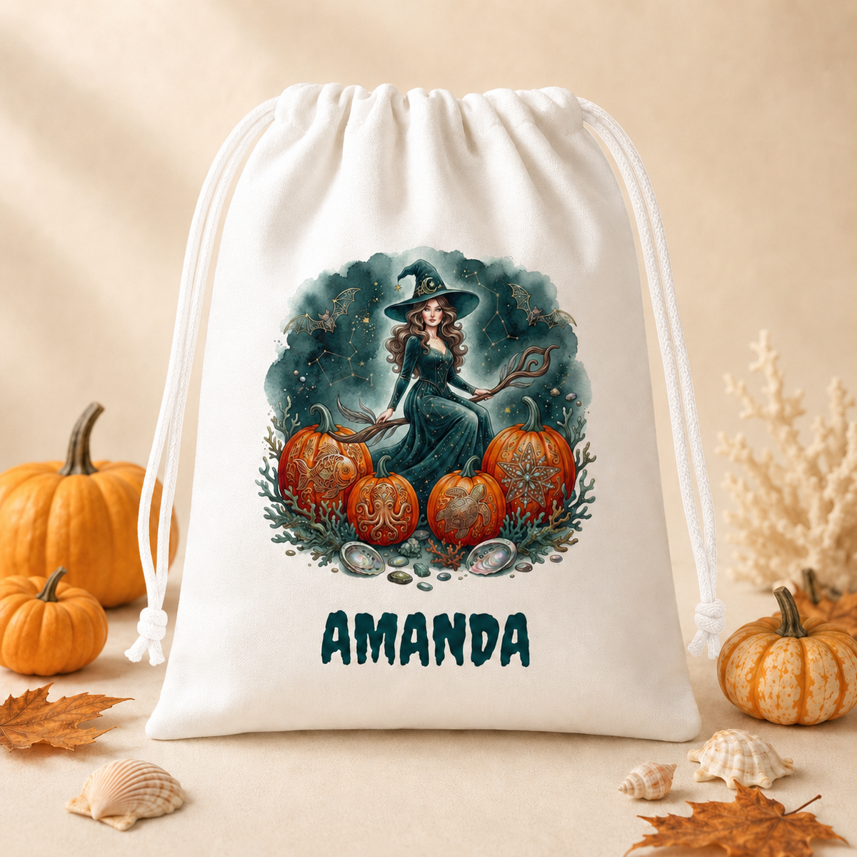 Witch & Pumpkins Personalized Trick or Treat Bag, Custom Name Halloween Party Gift Bag