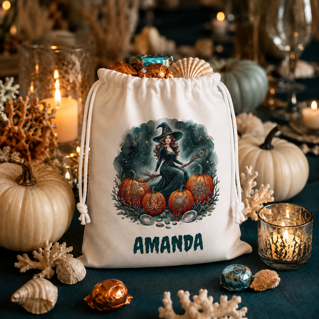 Witch & Pumpkins Personalized Trick or Treat Bag, Custom Name Halloween Party Gift Bag
