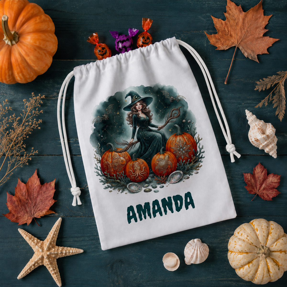 Witch & Pumpkins Personalized Trick or Treat Bag, Custom Name Halloween Party Gift Bag