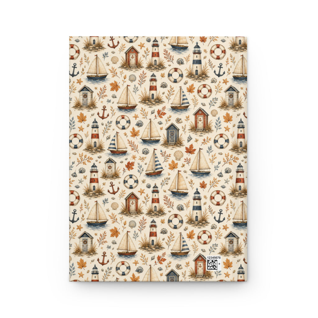 Autumn Coastal Hardcover Journal, Lined Nautical Notebook with Lighthouses and Sailboats