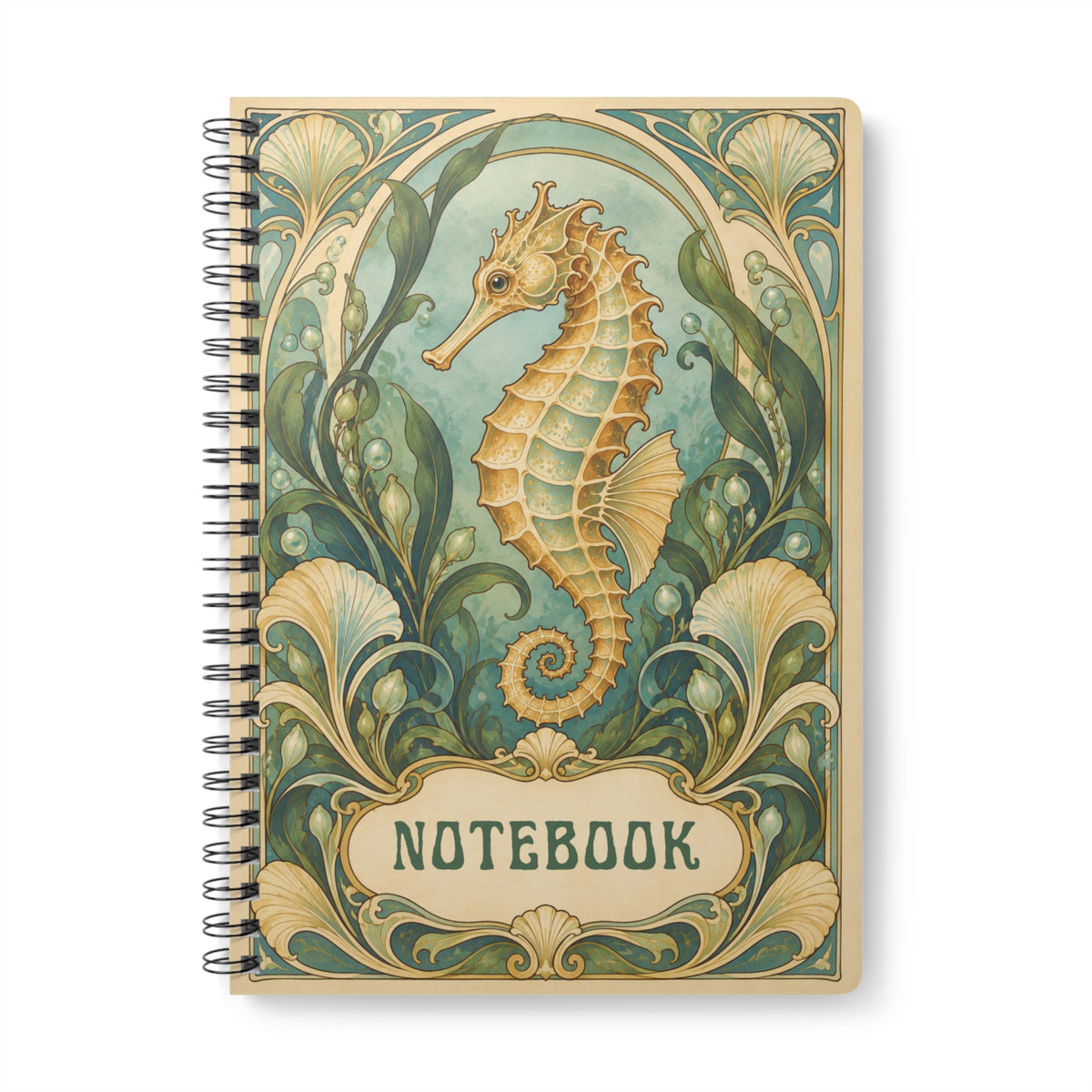 Art Nouveau Seahorse Notebook – Vintage Coastal Journal, Ocean-Inspired Spiral-Bound Notebook